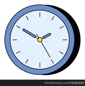 Simple analog wall clock isolated on white background. Round shaped instrument used to measure, keep and indicate time. Object with hour, minute and second pointer. Vector in minimalist style. Simple Wall Clock, Instrument to Indicate Time