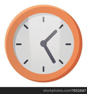 Simple analog wall clock isolated on white background. Round shaped instrument used to measure and indicate time. Object with hour and minute pointers, dial under glass. Vector illustration in flat. Round Shaped Wall Clock, Device to Indicate Time