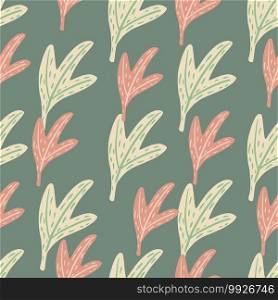 Simple autumn leaf abstract silhouettes seamless pattern. Doodle foliage in green and pink pastel tones. Great for fabric design, textile print, wrapping, cover. Vector illustration.. Simple autumn leaf abstract silhouettes seamless pattern. Doodle foliage in green and pink pastel tones.