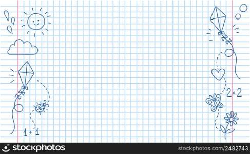 Simple background with checkered notebook and pen doodles, vector illustration for school
