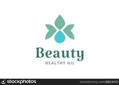 Simple beauty logo with leaf shape and oil or water droplet