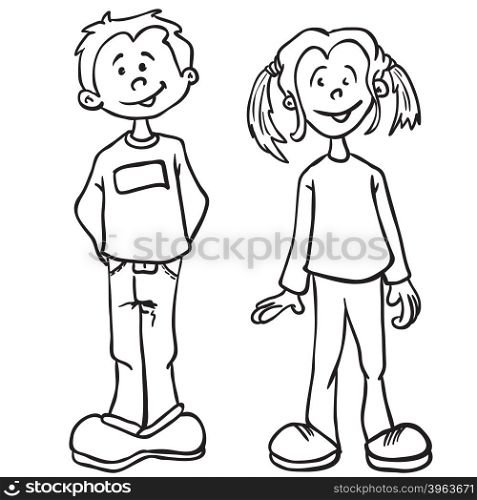 simple black and white boy and girl cartoon