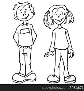 simple black and white boy and girl cartoon