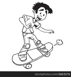 simple black and white boy on skate cartoon