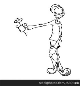 simple black and white boy with flower cartoon