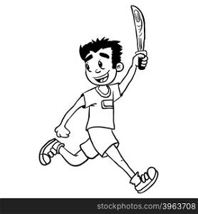 simple black and white boy with wooden sword cartoon