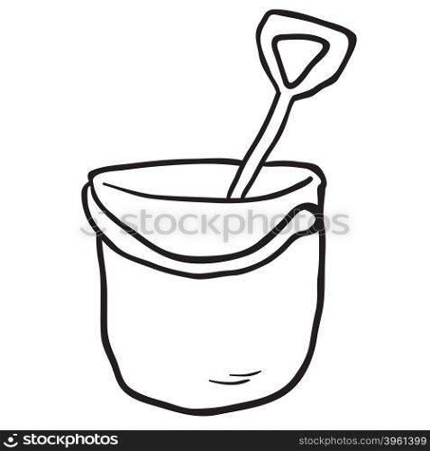 simple black and white cartoon bucket and spade