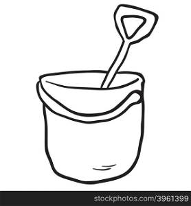simple black and white cartoon bucket and spade
