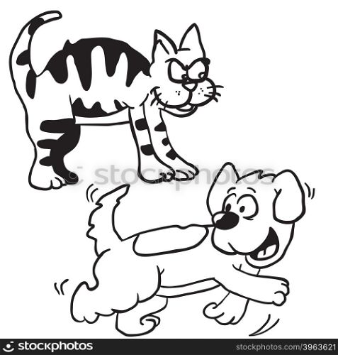 simple black and white cat and dog cartoon