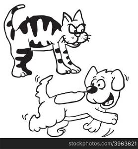 simple black and white cat and dog cartoon