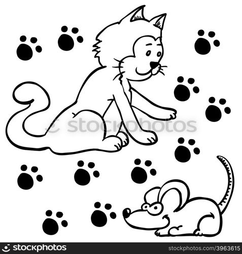 simple black and white cat and mouse cartoon illustration