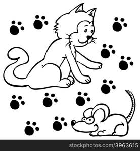 simple black and white cat and mouse cartoon illustration