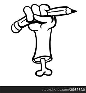 simple black and white cut hand with bone holding a pencil cartoon