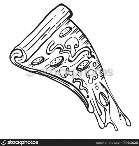 simple black and white dripping slice of pizza cartoon