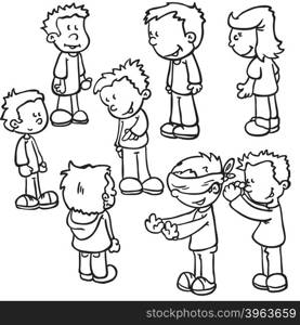 simple black and white kids playing blind man&rsquo;s buff cartoon