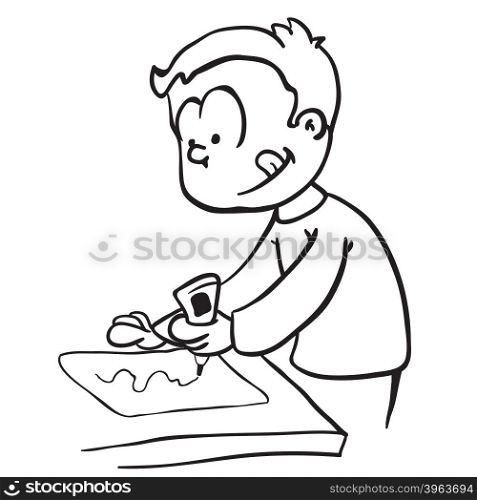 simple black and white little boy gluing paper cartoon