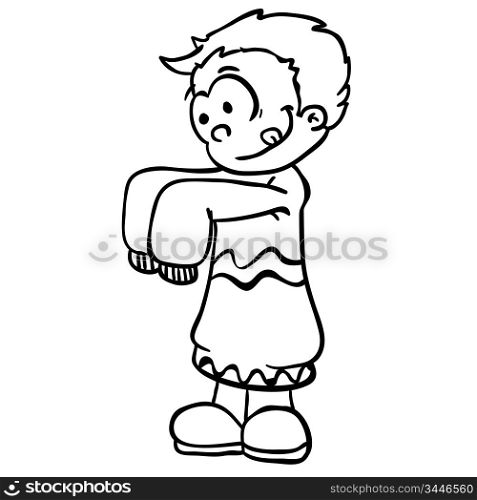 simple black and white little boy in big clothes cartoon