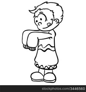 simple black and white little boy in big clothes cartoon