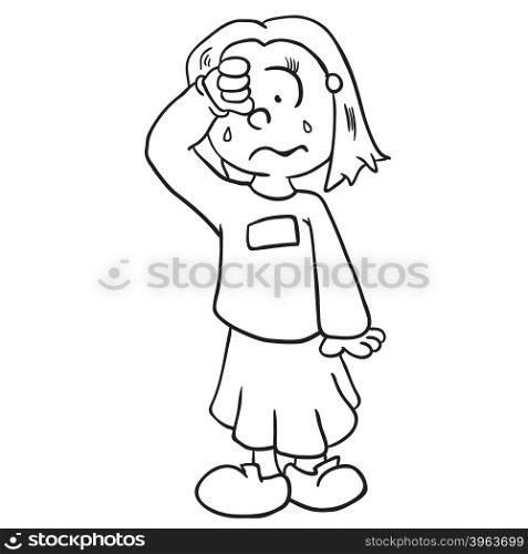 simple black and white little girl crying cartoon