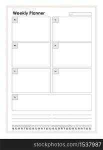 Simple black and white weekly planner paper sheet template vector flat illustration. Monochrome daily week schedule. Business calendar start from monday. Empty board with place for text. Simple black and white weekly planner paper sheet template vector flat illustration