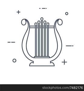 Simple black lyre line icon on a white background. Icon of the musical instrument. A symbol of music and poetry. Vector illustration
