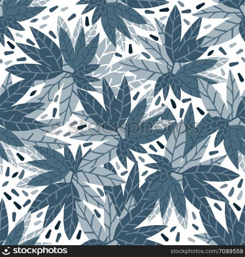 Simple blue leaves seamless pattern on white background. Hand draw tropical wallpaper. Design for fabric, textile print, wrapping. Vector illustration. Simple green leaves seamless pattern on white background.