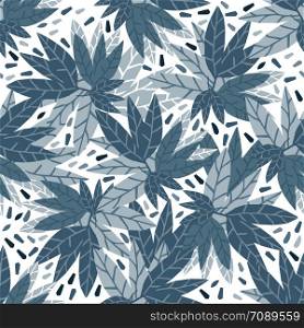 Simple blue leaves seamless pattern on white background. Hand draw tropical wallpaper. Design for fabric, textile print, wrapping. Vector illustration. Simple green leaves seamless pattern on white background.