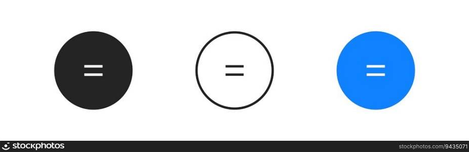 Simple blue round equally button icon. Flat design for mobile app. Element of calculator. Circle, equals, calculations sign. Balance symbol. Vector illustration. . Simple blue round equally button icon. Flat design for mobile app. Element of calculator. Circle, minus, calculations sign. Balance symbol. Vector illustration. 