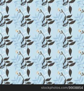 Simple botanic seamless pattern with brown and blue forest branches. Foliage silhouettes on sky blue color background. Designed for wallpaper, textile, wrapping, fabric print. Vector illustration.. Simple botanic seamless pattern with brown and blue forest branches. Foliage silhouettes on sky blue color background.
