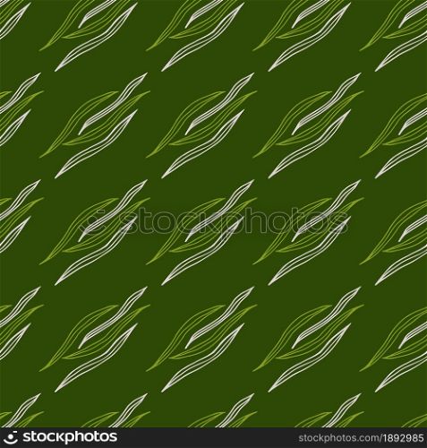 Simple botanical outline shapes seamless pattern on green background. Nature wallpaper. Design for fabric, textile print, wrapping, cover. Vector illustration.. Simple botanical outline shapes seamless pattern on green background.