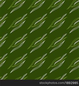 Simple botanical outline shapes seamless pattern on green background. Nature wallpaper. Design for fabric, textile print, wrapping, cover. Vector illustration.. Simple botanical outline shapes seamless pattern on green background.