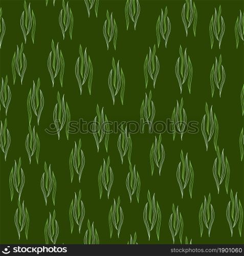 Simple botanical outline shapes seamless pattern on green background. Nature wallpaper. Design for fabric, textile print, wrapping, cover. Vector illustration.. Simple botanical outline shapes seamless pattern on green background. Nature wallpaper.