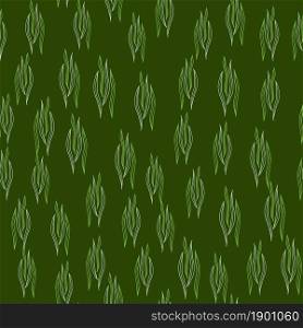 Simple botanical outline shapes seamless pattern on green background. Nature wallpaper. Design for fabric, textile print, wrapping, cover. Vector illustration.. Simple botanical outline shapes seamless pattern on green background. Nature wallpaper.