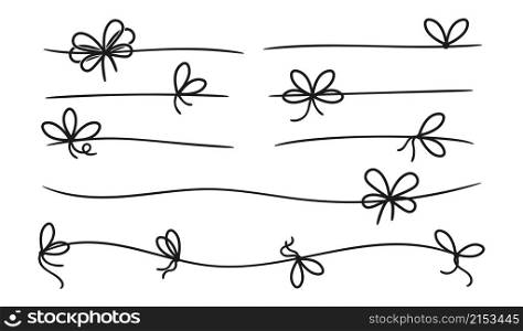 Simple bows. Gift bow knot on line rope. Black present decorative knots. Border or dividers, packaging box vector elements. Ribbon knot and rope, string and cord tie illustration. Simple bows. Gift bow knot on line rope. Black present decorative knots. Border or dividers, packaging box vector elements