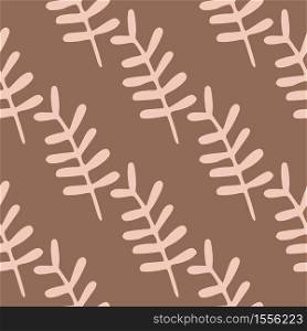 Simple branch silhouettes seamless pattern. Pink pastel elements on brown background. Stylized artwork. Great for wrapping paper, textile, fabric print and wallpaper. Vector illustration.. Simple branch silhouettes seamless pattern. Pink pastel elements on brown background. Stylized artwork.