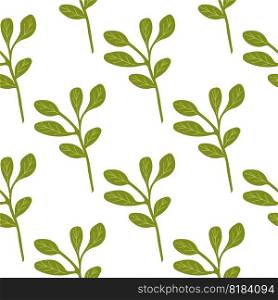 Simple branches with leaves seamless pattern. Organic endless background. Decorative forest leaf endless wallpaper. Design for fabric, textile print, wrapping, cover. Vector illustration.. Simple branches with leaves seamless pattern. Organic endless background. Decorative forest leaf endless wallpaper.
