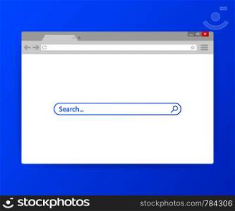 Simple browser window on blue background. Browser search. Web browser in flat style. Vector stock illustration.