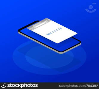 Simple browser window on blue background. Browser search. Web browser in flat style. Vector stock illustration.