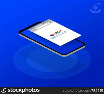 Simple browser window on smartphone on blue background. Browser search. Web browser in flat style. Vector stock illustration.