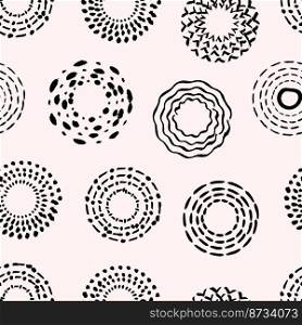 Simple brush stroke circles seamless pattern. Abstract contemporary grunge background, black dirty fashion design. Decorative vector print template. Illustration of seamless grunge texture. Simple brush stroke circles seamless pattern. Abstract contemporary grunge background, black dirty fashion design. Decorative vector print template