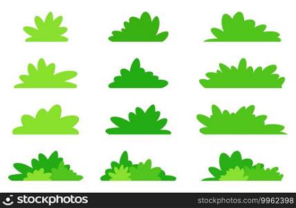 Simple bush set in green color. Flat vector design in minimalistic cartoon style. Garden bushes collection isolated on white background.