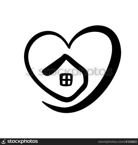 Simple Calligraphy House with heart. Real Vector Icon. Consept comfort and protection. Architecture Construction for design. Art home vintage hand drawn Logo element.. Simple Calligraphy House with heart. Real Vector Icon. Consept comfort and protection. Architecture Construction for design. Art home vintage hand drawn Logo element