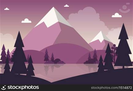 Simple Calm Mountain Forest Wild Nature Scene Landscape Monochrome Illustration