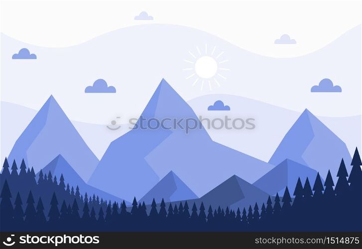 Simple Calm Mountain Forest Wild Nature Scene Landscape Monochrome Illustration