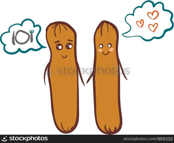 Simple cartoon of two thinking sausages vector illustration on white background.