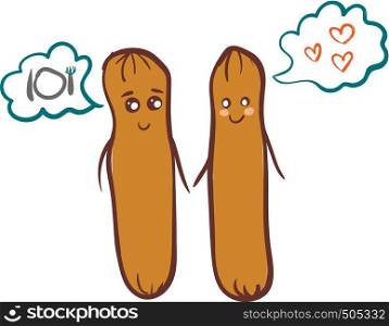 Simple cartoon of two thinking sausages vector illustration on white background.