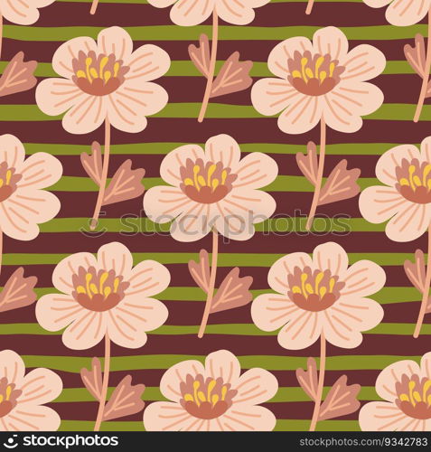 Simple chamomile flower seamless pattern. Decorative naive botanical wallpaper. Cute stylized flowers background. For fabric design, textile print, wrapping paper, cover. Vector illustration. Simple chamomile flower seamless pattern. Decorative naive botanical wallpaper. Cute stylized flowers background.