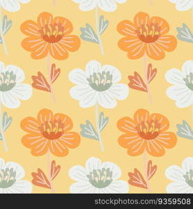 Simple chamomile flower seamless pattern. Decorative naive botanical wallpaper. Cute stylized flowers background. For fabric design, textile print, wrapping paper, cover. Vector illustration. Simple chamomile flower seamless pattern. Decorative naive botanical wallpaper. Cute stylized flowers background.