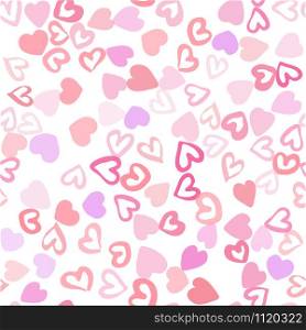 Simple chaotic hearts seamless pattern on white background. Valentines Day backdrop. Design for fabric, textile print, wrapping paper. Vector illustration. Simple chaotic hearts seamless pattern on white background.