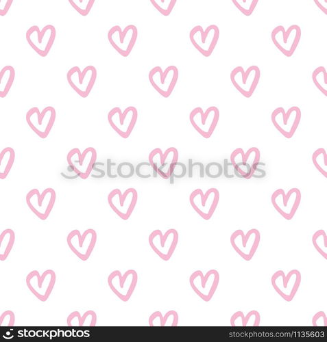 Simple chaotic pink hearts seamless pattern on white background. Valentines Day backdrop. Design for fabric, textile print, wrapping paper. Vector illustration. Simple chaotic pink hearts seamless pattern on white background.